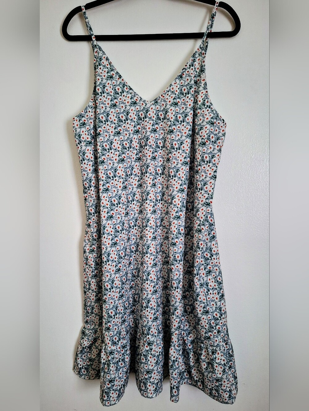 SHEILAY Cottagecore Floral Slip Dress Blue Daisy Print Ruffle Hem